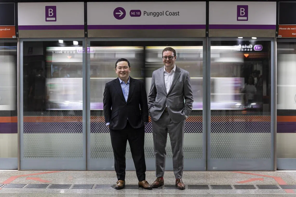 ST20250109_202591600636/yfmrt29/Brian Teo/Kok Yufeng/*EMBARGO UNTIL JAN 28* (From Left) Profile of Mr Jeffrey Sim, SBS Transit group chief executive, and Mr Henri Pottier, RATP Dev Asia Pacific chief executive, at Clarke Quay MRT station on Jan 9, 2025. ST PHOTO: BRIAN TEO 