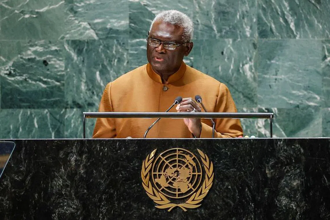 FILE PHOTO: Solomon Islands Prime Minister Manasseh Sogavare addresses the 78th Session of the U.N. General Assembly in New York City, U.S., September 22, 2023.  REUTERS/Eduardo Munoz/File Photo