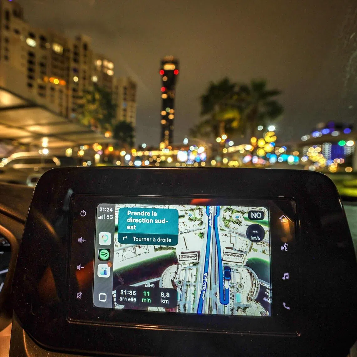 The screen of a GPS attached to the dashboard of a vehicle as residents of Dubai face GPS disruptions on March 9.