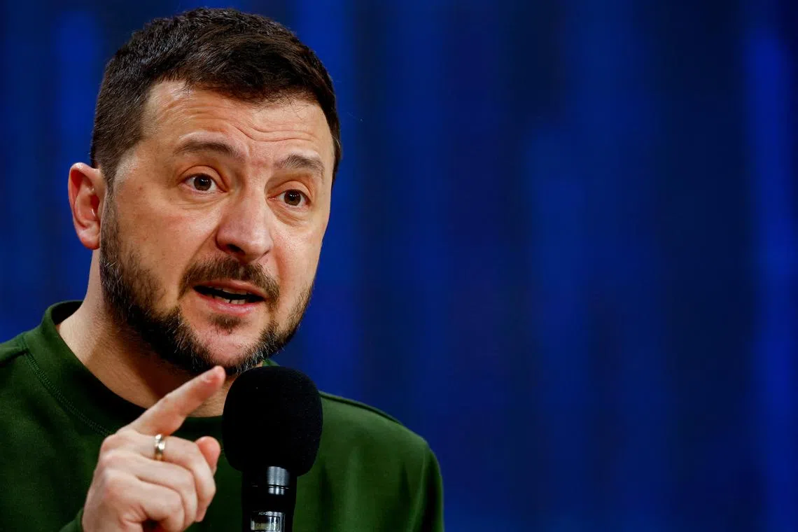 Ukraine's President Volodymyr Zelenskiy speaks during 'Ukraine. Year 2024' conference, amid Russia's attack on Ukraine, in Kyiv, Ukraine, February 25, 2024. REUTERS/Valentyn Ogirenko