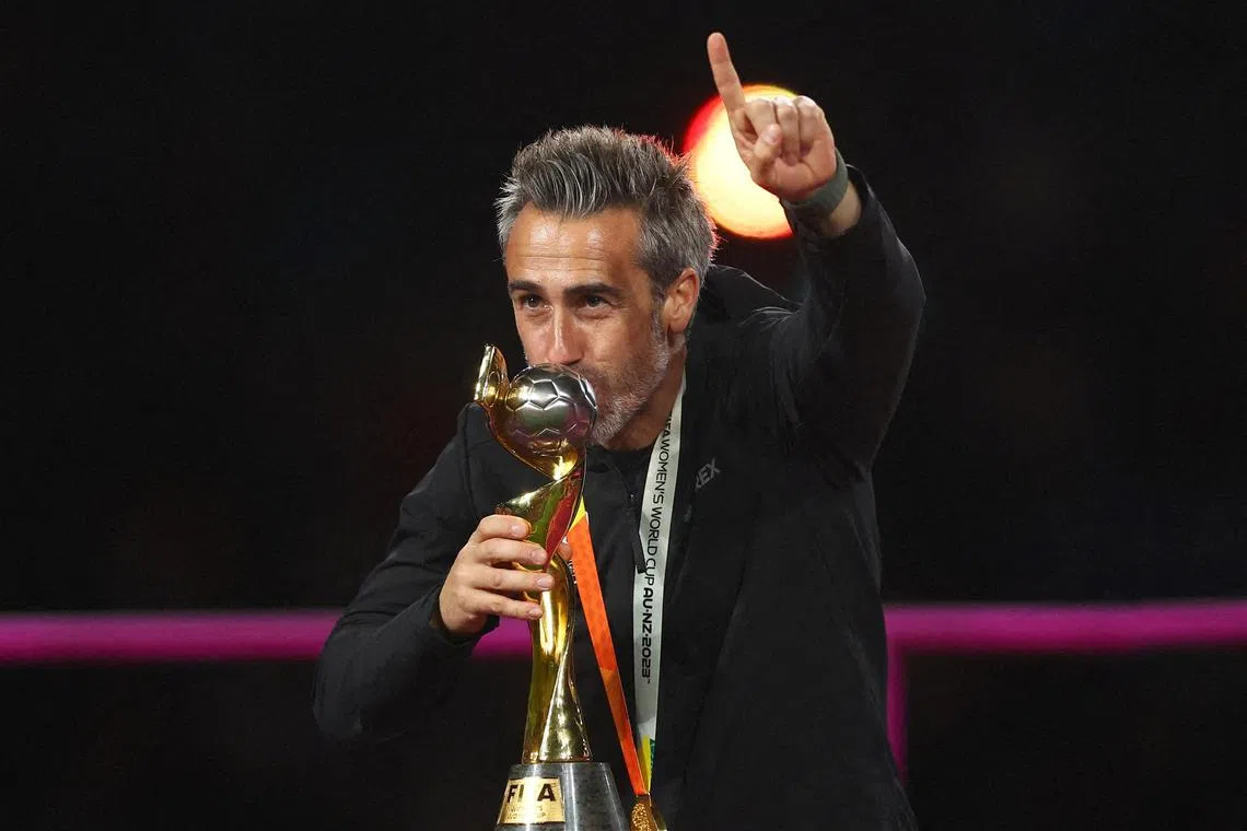 Spain coach Jorge Vilda celebrating with the Women's World Cup trophy on Aug 20.