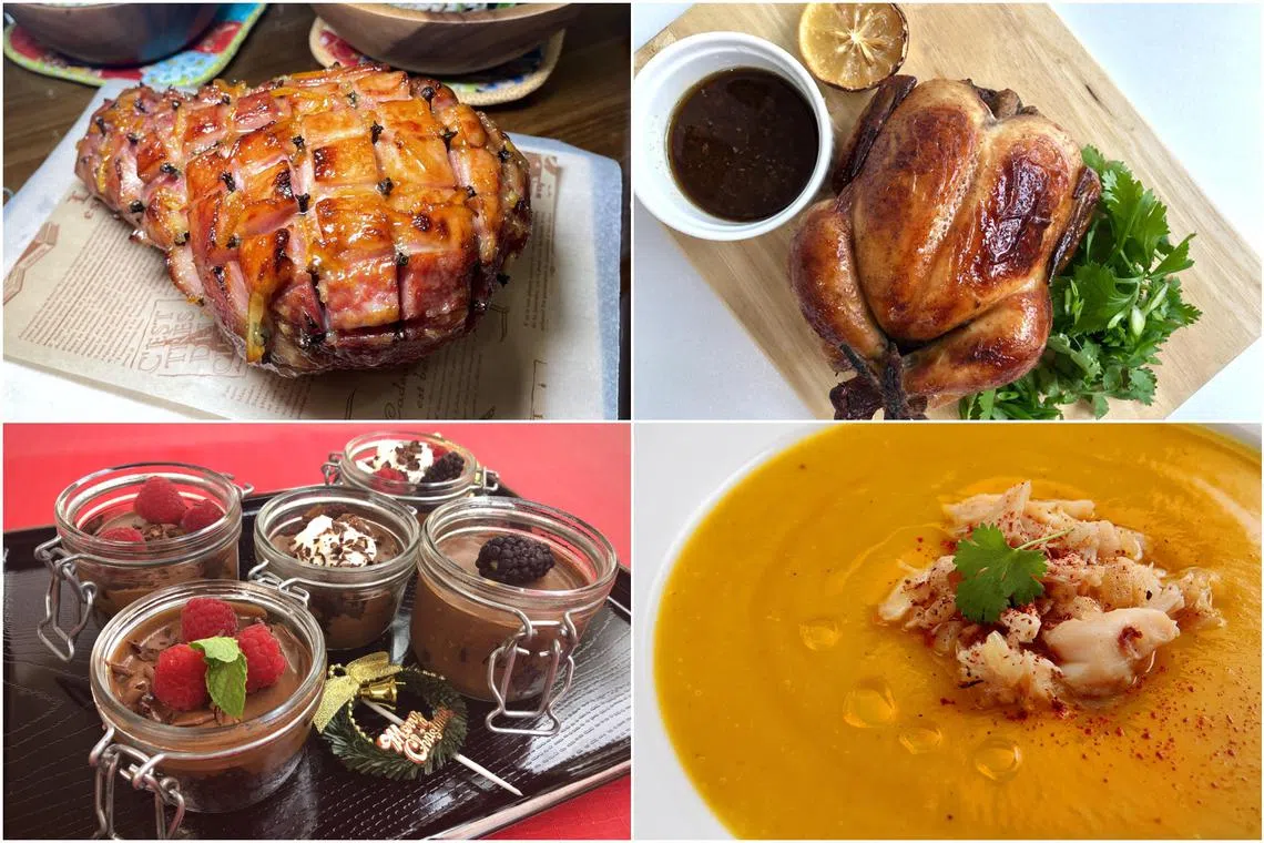 (Clockwise from top left) Roast ham with citrus glaze., roast chicken, pumpkin soup with crab meat, and boozy chocolate mousse trifle.