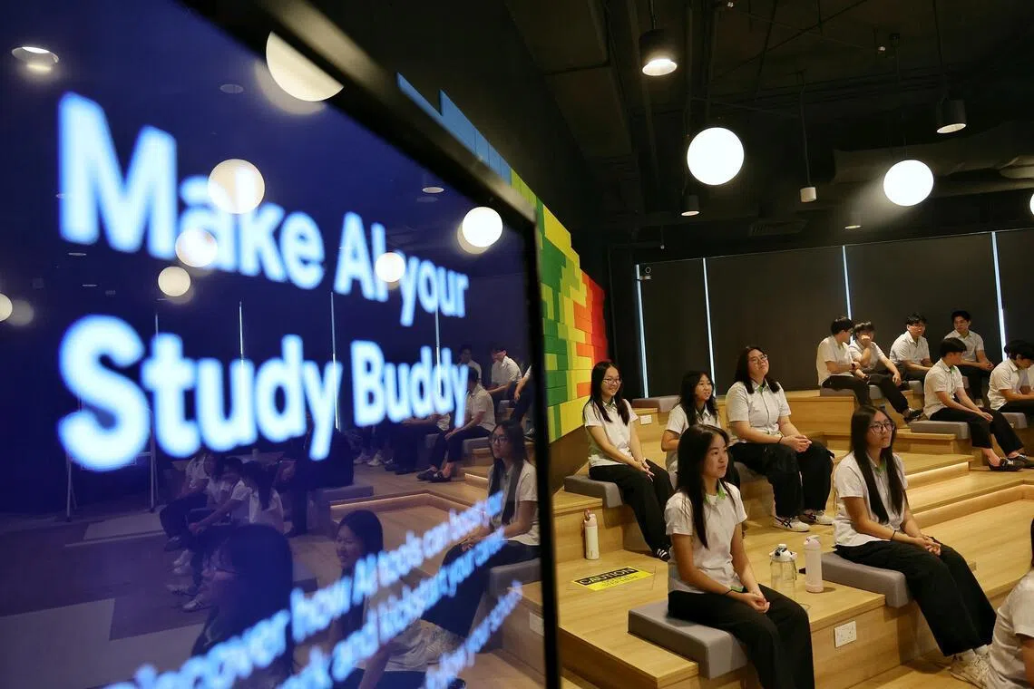 Students taking Higher Nitec in Business Information Systems attending a Generative AI workshop in the AI Living Lab at ITE College East on Feb 4.