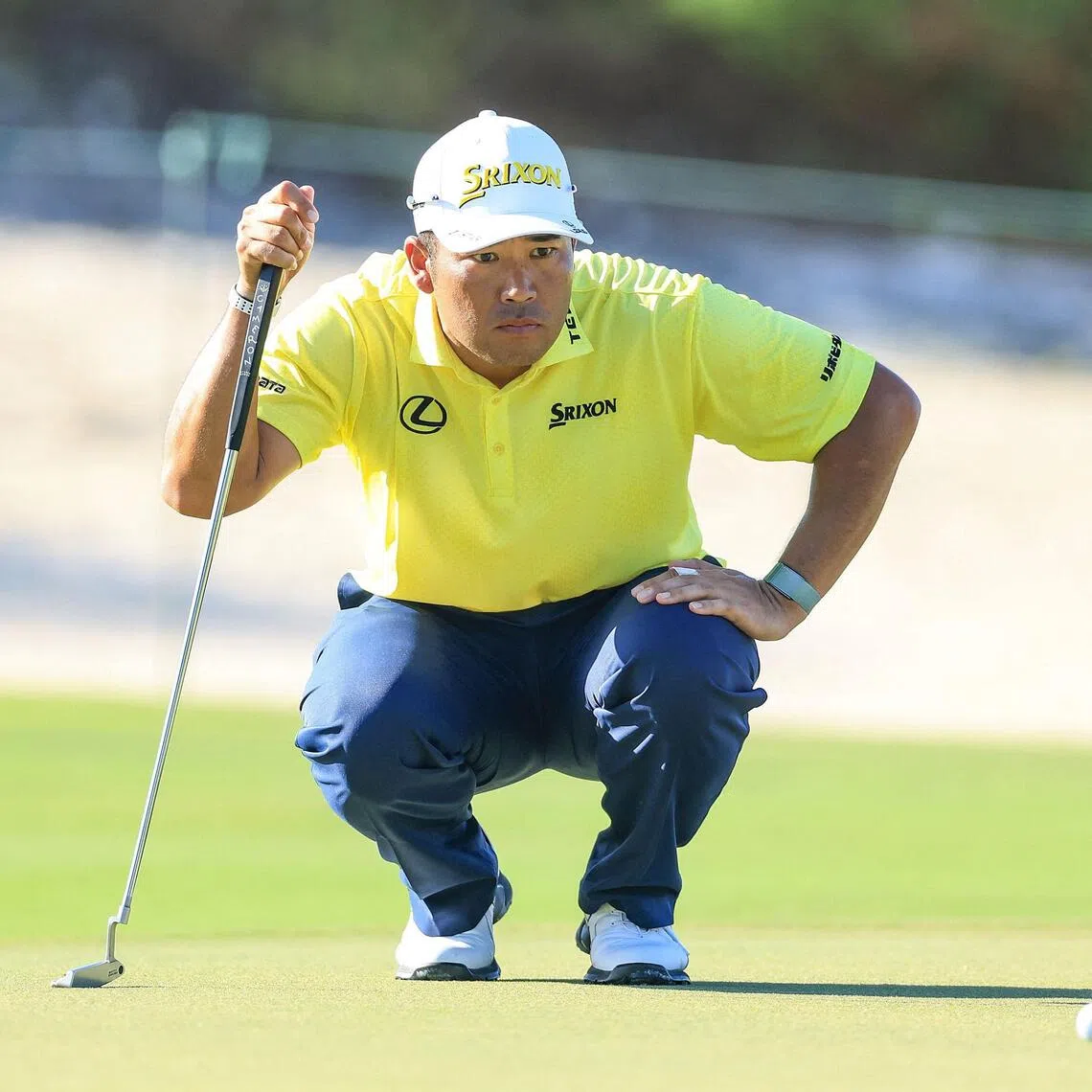 Winner Hideki Matsuyama of Japan lining up a putt on the 12th hole during the final round of the Hero World Challenge 2025 at Albany Golf Course on Dec 07, 2025 in Nassau, Bahamas. He beat Sweden's Alex Noren in a one-hole play-off after they finished level on  22-under 266.