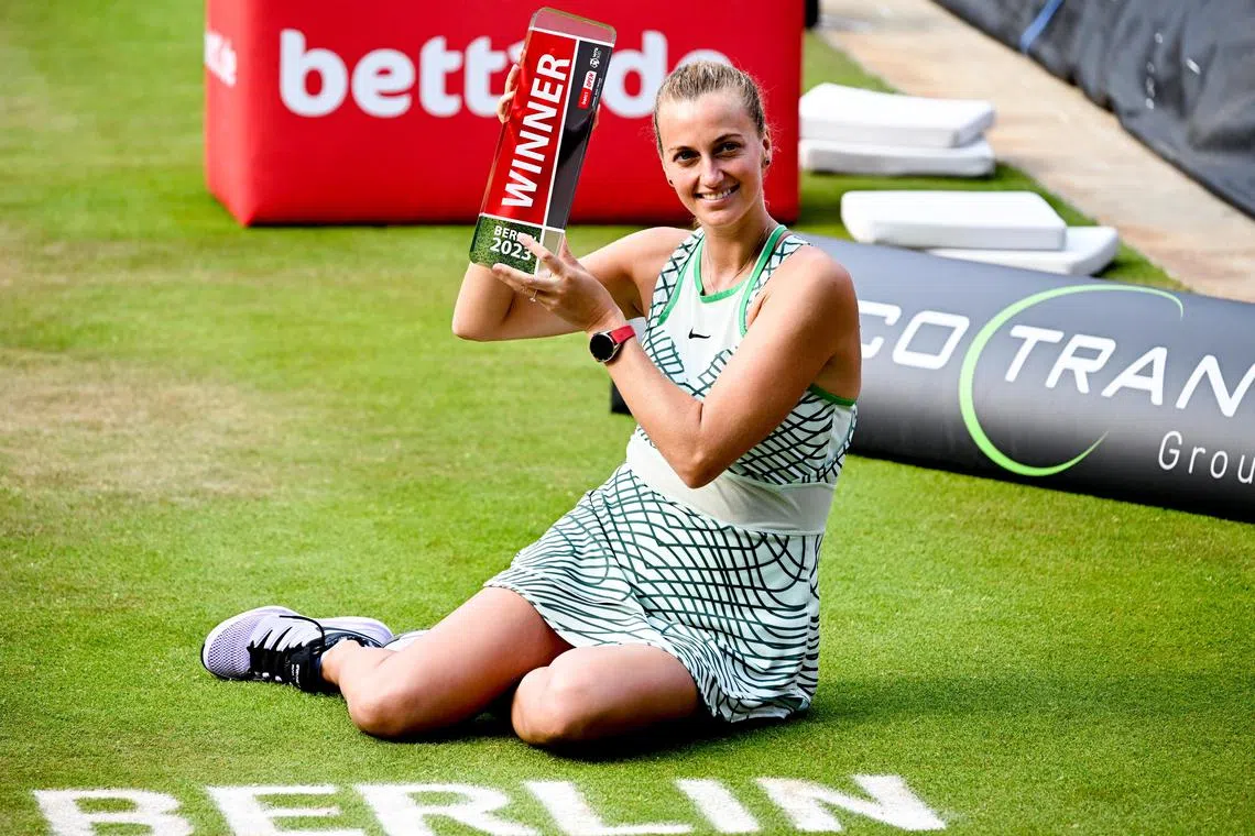 Petra Kvitova of Czech Republic celebrating with her trophy after beating Donna Vekic of Croatia in the final of the WTA German Open on Sunday. 
