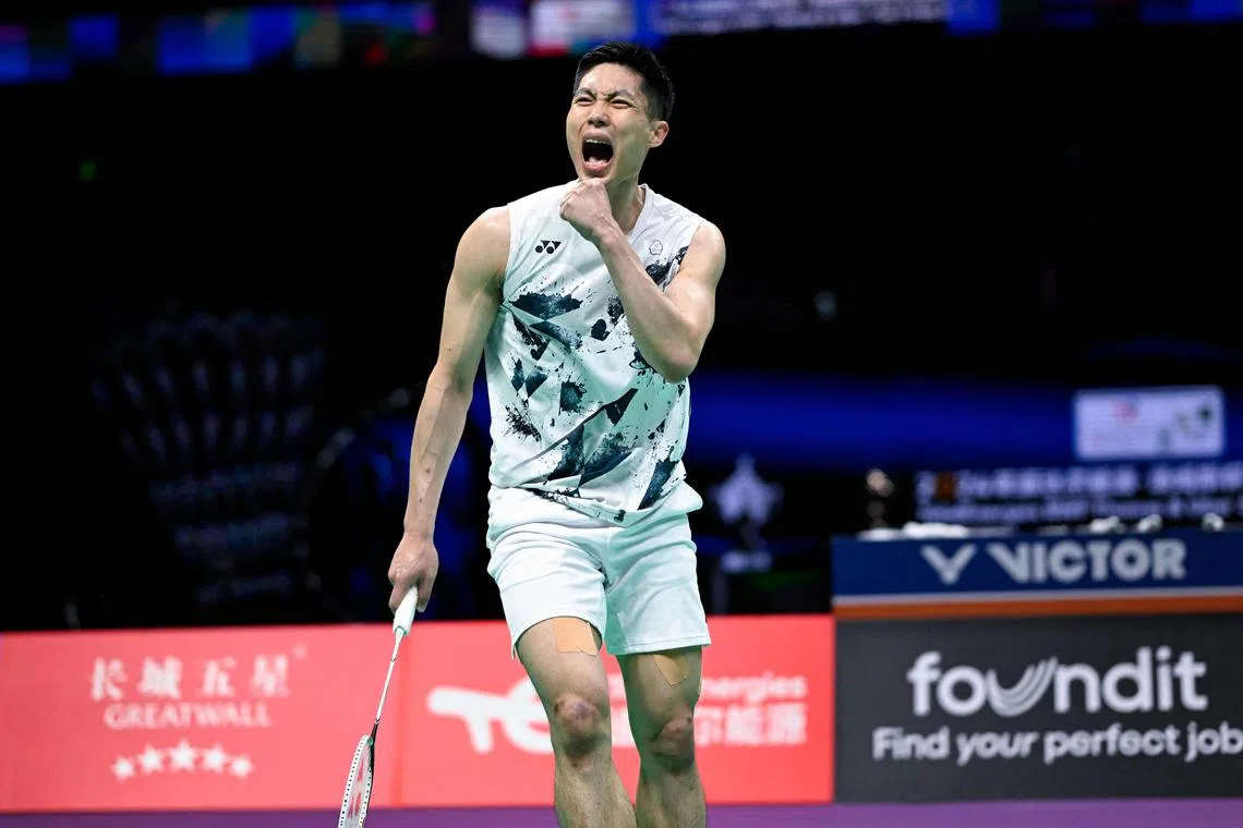 Chinese Taipei’s Chou Tien-chen reacts after winning a point against Denmark’s Viktor Axelsen in the Thomas Cup quarter-finals in Chengdu, China on May 3, 2024.