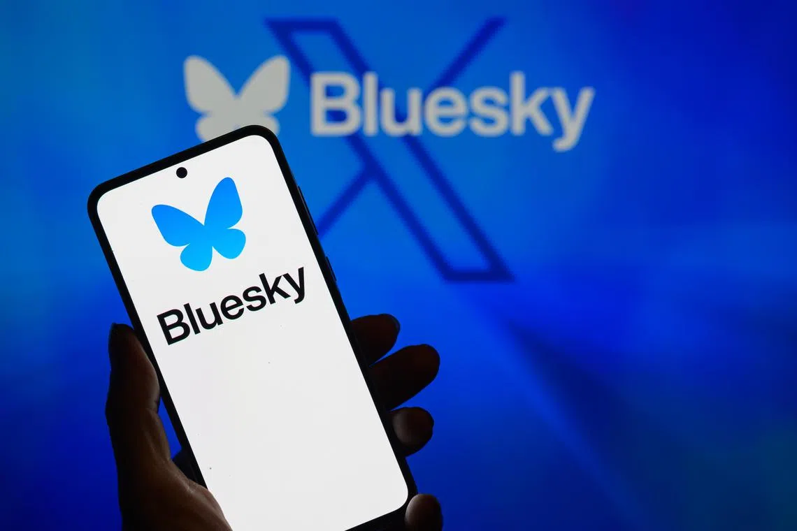 The Bluesky logo appears on a smartphone with Bluesky visible in the background in this photo illustration in Brussels, Belgium, on November 24, 2024. (Photo by Jonathan Raa/NurPhoto)NO USE FRANCE