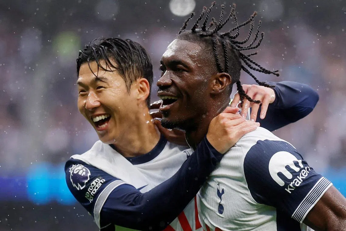 Tottenham Hotspur captain Son Heung-min celebrating with teammate Yves Bissouma after the Mali midfielder opened the scoring against Everton on Aug 24. 