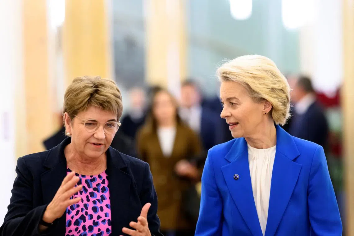 FILE PHOTO: Swiss Confederation President Viola Amherd speaks with European Commission President Ursula von der Leyen before a bilateral meeting, in Bern, Switzerland, December 20, 2024. ALESSANDRO DELLA VALLE/Pool via REUTERS