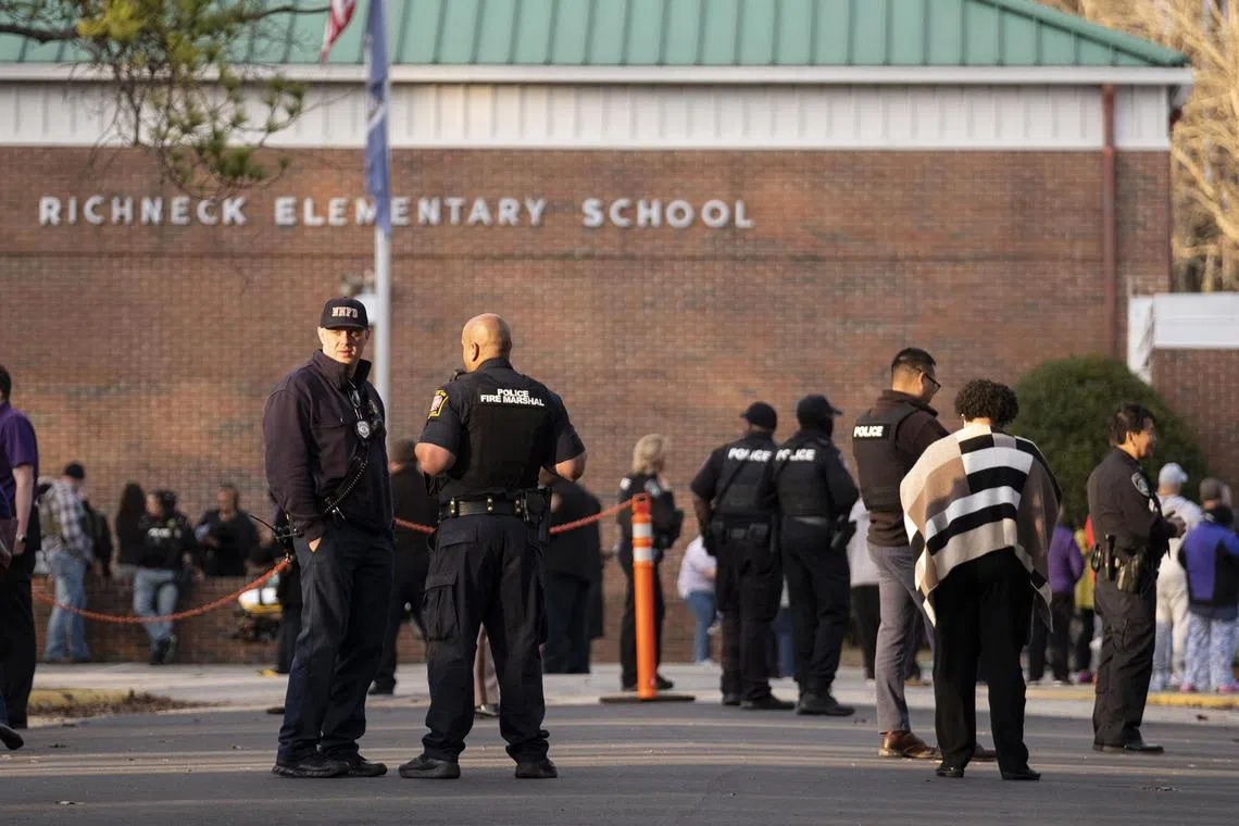 Police respond to the shooting at Richneck Elementary in January 2023.