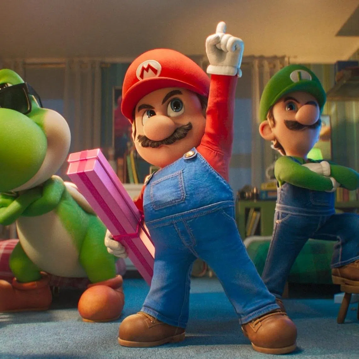 (From left) Yoshi (voiced by Donald Glover), Mario (Chris Pratt) and Luigi (Charlie Day) in The Super Mario Galaxy Movie.