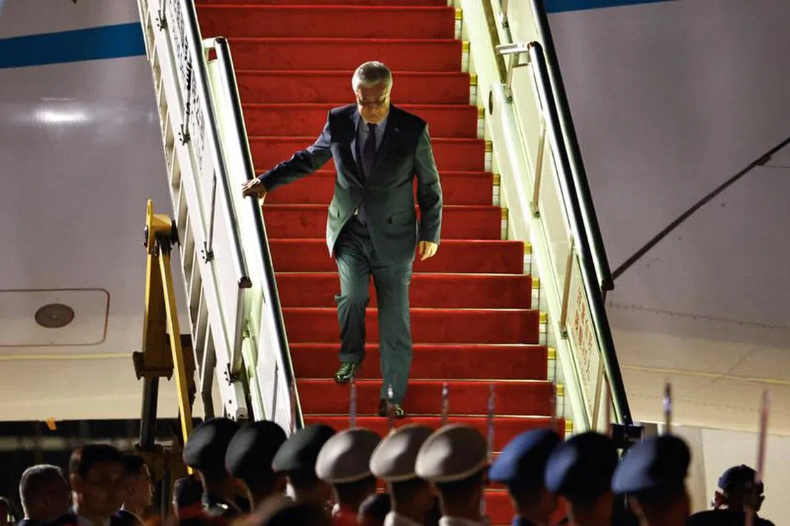 Kazakhstan's President Kassym-Jomart Tokayev arrives at Beijing Capital International Airport to attend the Third Belt and Road Forum in Beijing, China, October 16, 2023. REUTERS/Tingshu Wang/Pool