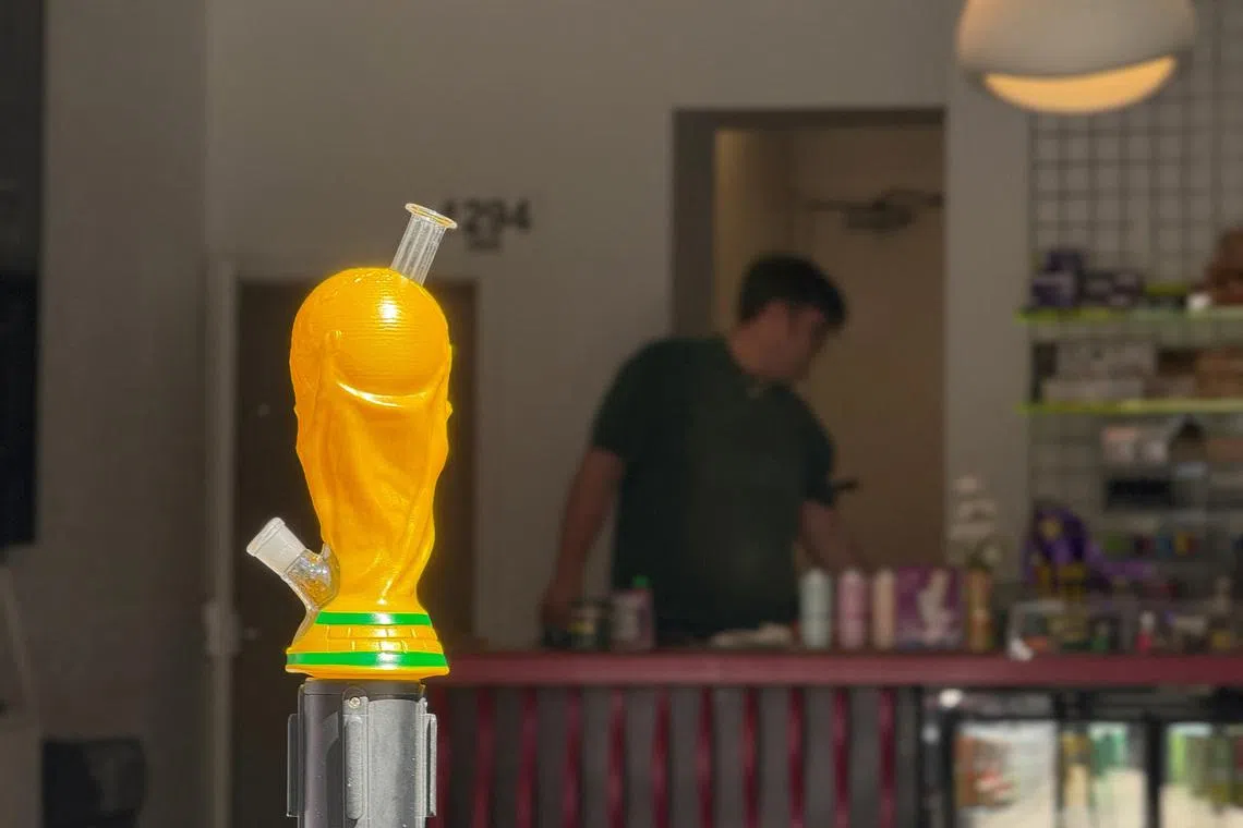 The 'FIFA BONG', which resembles the FIFA World Cup trophy, during the FIFA World Cup 2026, as Sean Kady, 38 owner of Cosmos Charlies, stands in his shop, in Toronto, Ontario, Canada, June 15, 2026. Picture taken with a mobile phone. REUTERS/Divya Rajagopal