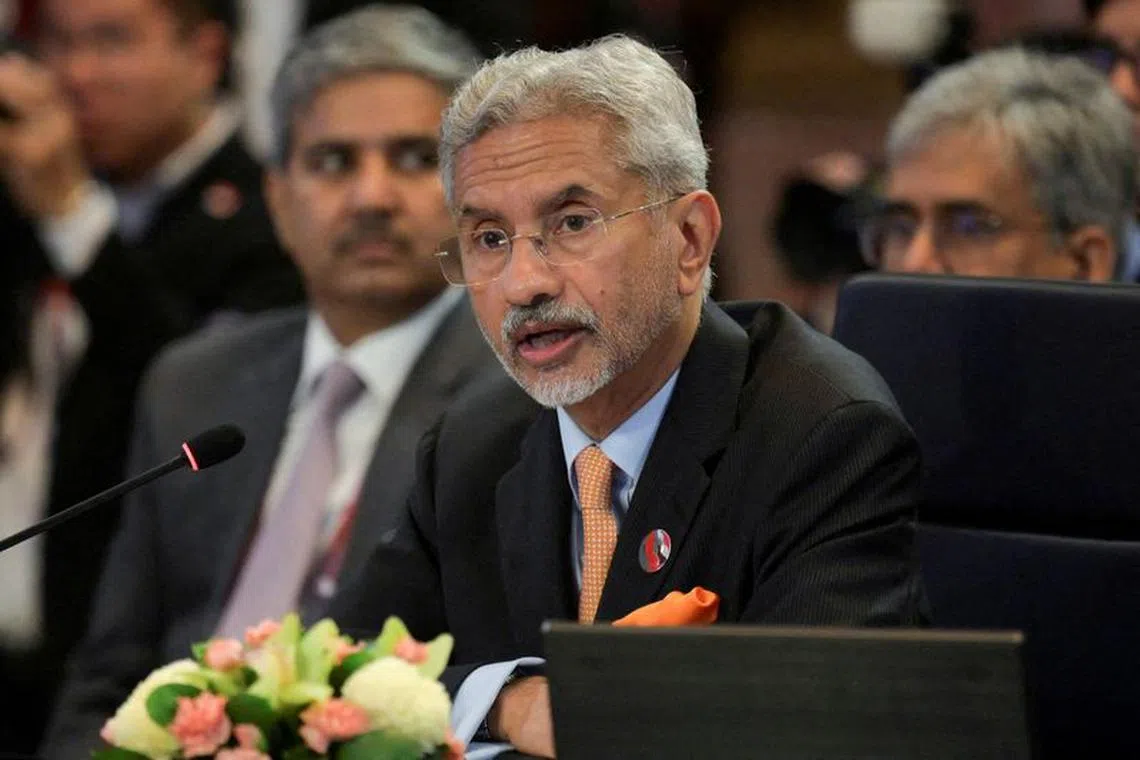 FILE PHOTO: India's Foreign Minister Subrahmanyam Jaishankar, delivers his speech in the Association of Southeast Asian Nations (ASEAN) Post Ministerial Conference with India during the ASEAN Foreign Ministers' meeting in Jakarta, on July 13, 2023, where Myanmar's seat was left empty. BAY ISMOYO/Pool via REUTERS/File Photo