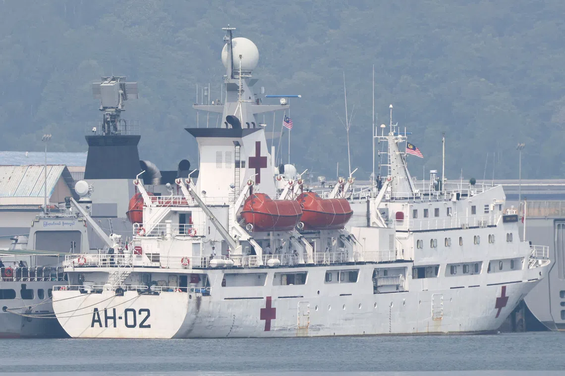 Myanmar Navy hospital vessel Thanlwin, which will be used to pick up repatriated Myanmar nationals from Malaysia, is docked at the Lumut Naval Base in Lumut, Malaysia, September 29, 2026. REUTERS/Hasnoor Hussain