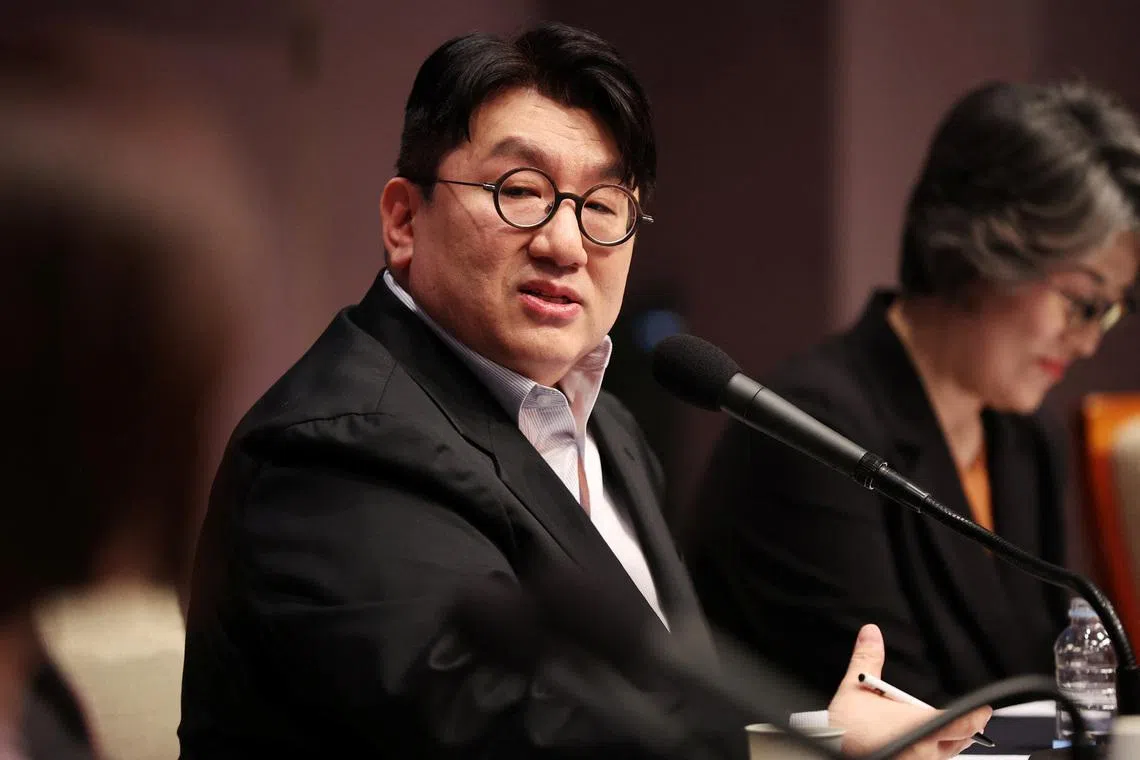 Bang Si-hyuk, Chairman of HYBE, speaks during a debate hosted by the Kwanhun club, in Seoul, South Korea, March 15, 2023.   REUTERS/Kim Hong-Ji