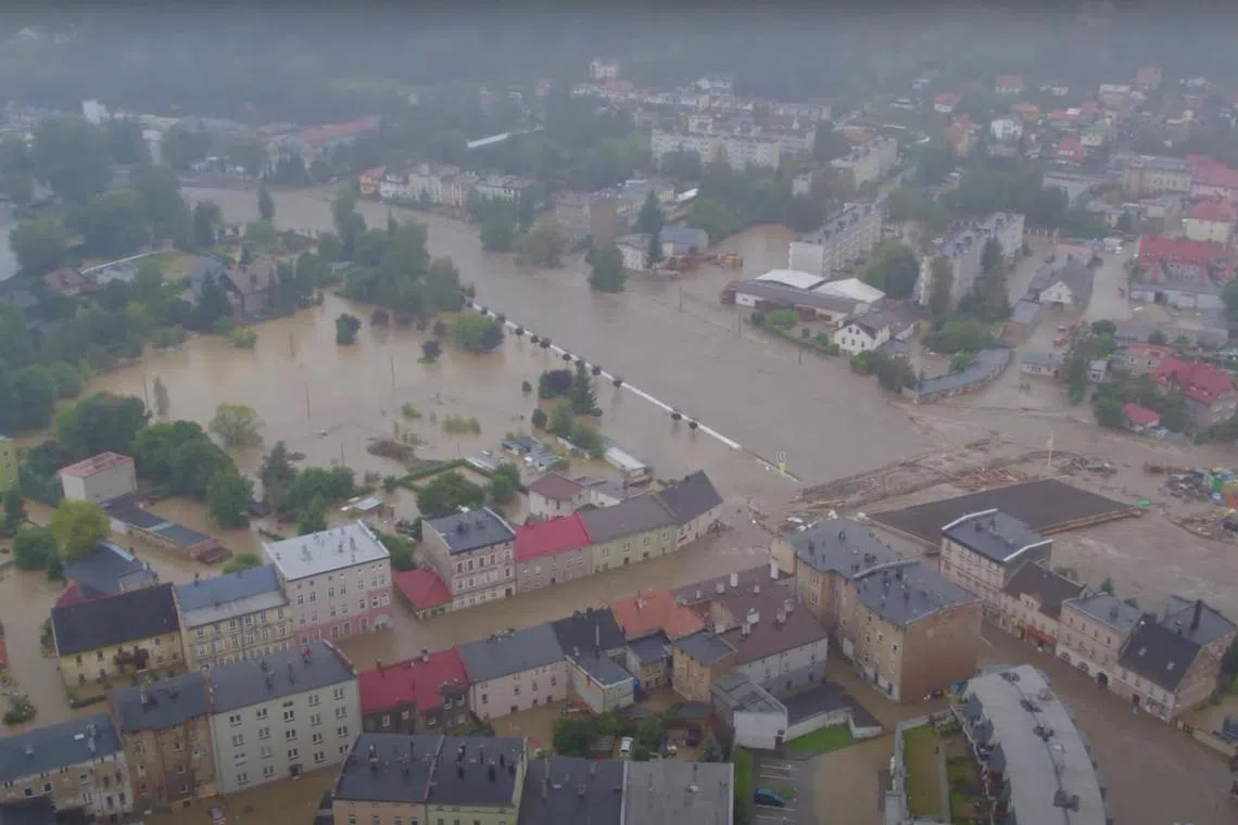 FILE PHOTO: A drone view shows a flooded area in Glucholazy, Poland, in this still image from a social media video taken on September 15, 2024. RADIO OPOLE/via REUTERS/File Photo