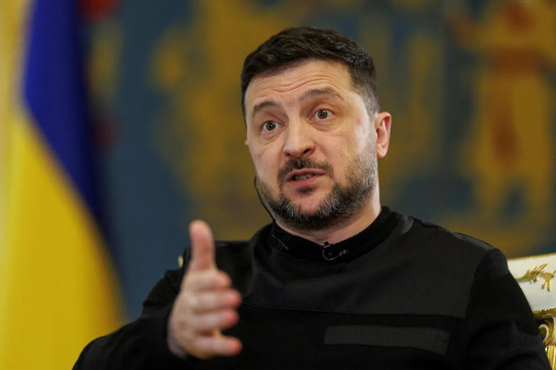 Ukrainian President Volodymyr Zelensky speaking during an interview with Reuters, in Kyiv, Ukraine, on March 25.