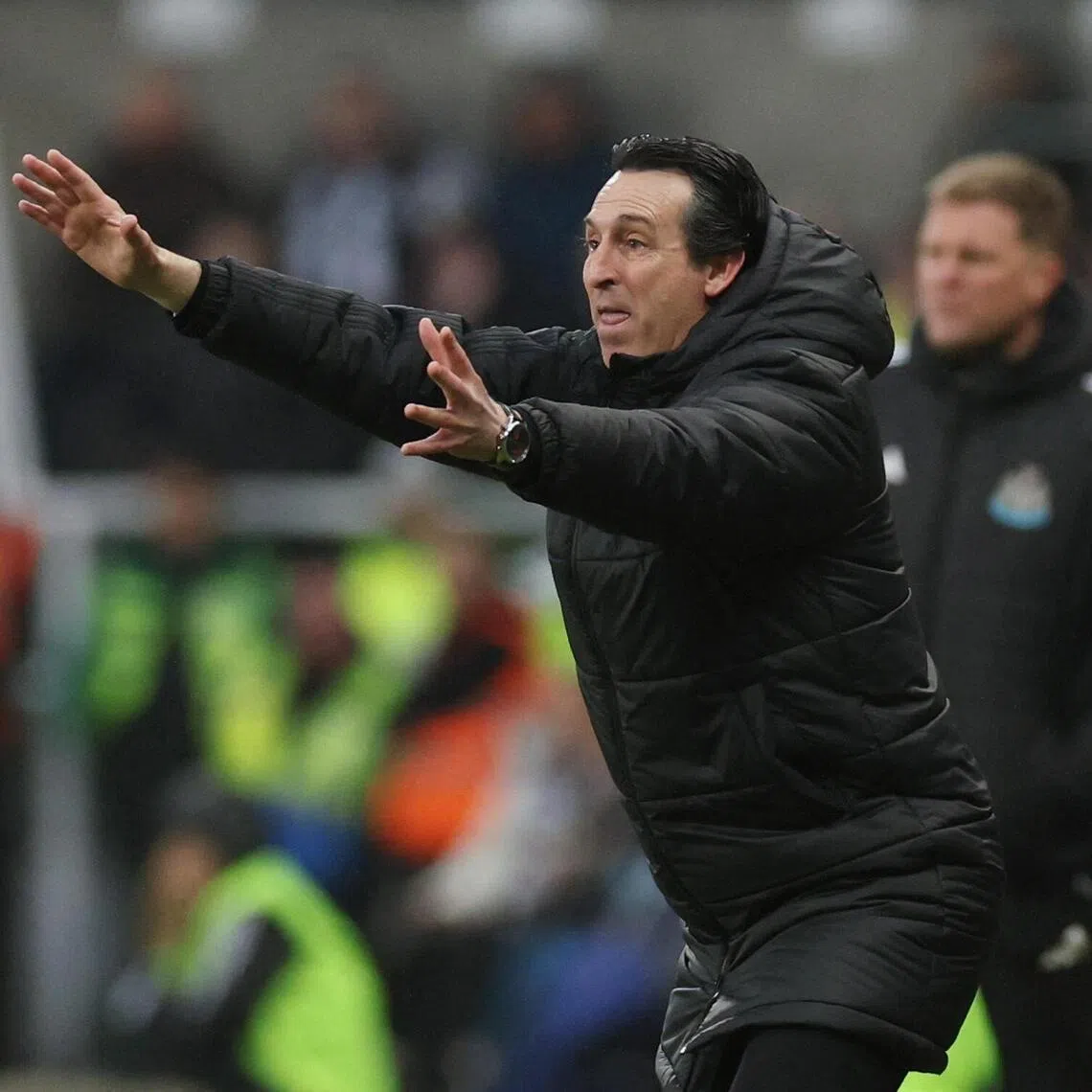 Aston Villa manager Unai Emery reacting during the 2-0 English Premier League win at Newcastle United at St James' Park on Jan 25, 2026.
