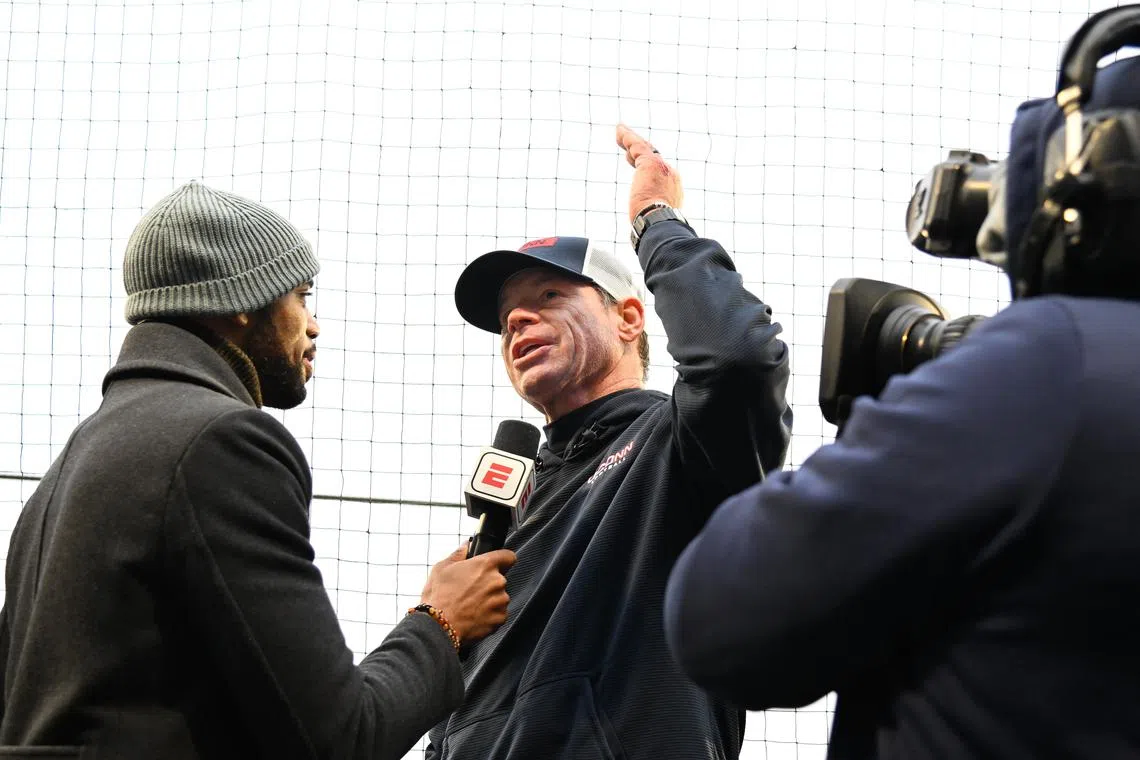 Dec 28, 2024; Boston, MA, USA; Connecticut Huskies head coach Jim Mora is interviewed after defeating the North Carolina Tar Heels in the 2024 Fenway Bowl at Fenway Park. Mandatory Credit: Eric Canha-Imagn Images