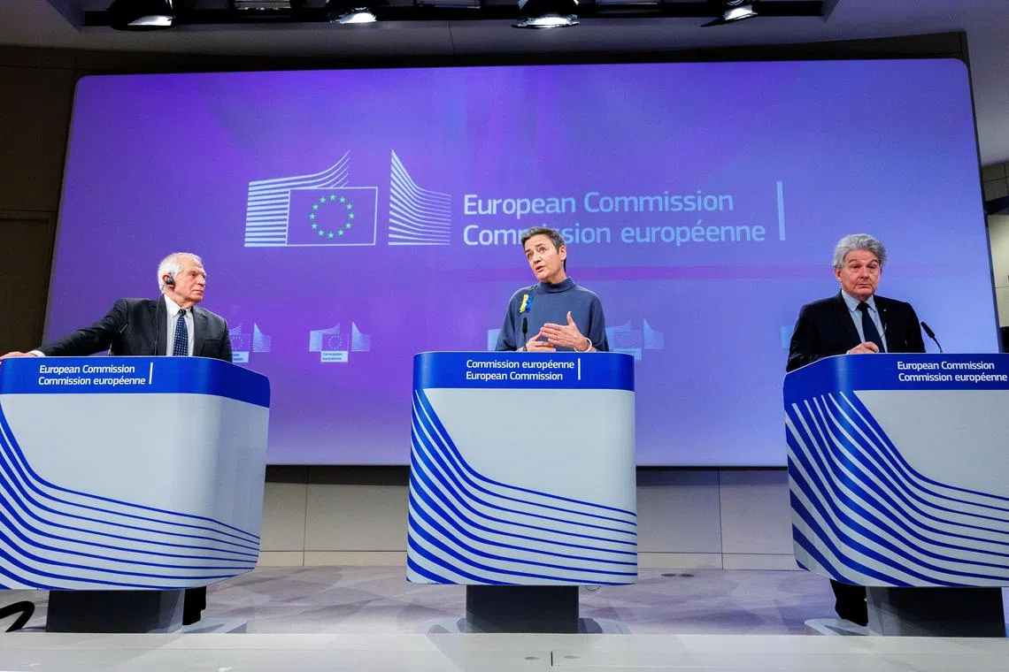 (From left) European Commission Vice-President Josep Borrell,  Ms Margrethe Vestager and Mr Breton hold a press conference on the new defence strategy.