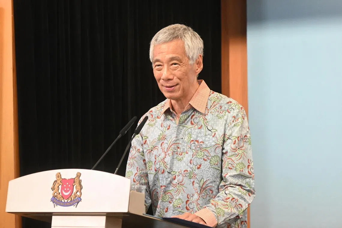 Prime Minister Lee Hsien Loong delivers a speech at the launch of the newly redeveloped Khadijah Mosque and the Religious Rehabilitation Group, on May 3, 2023.