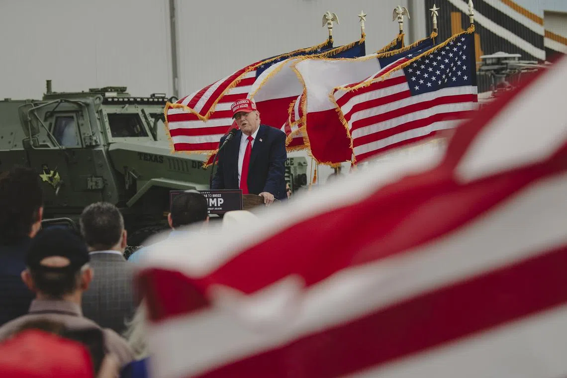 Former President Donald Trump speaking after being endorsed by Texas Gov. Greg Abbott in the Republican presidential primary at the South Texas International Airport at Edinburg on Nov. 19, 2023. 