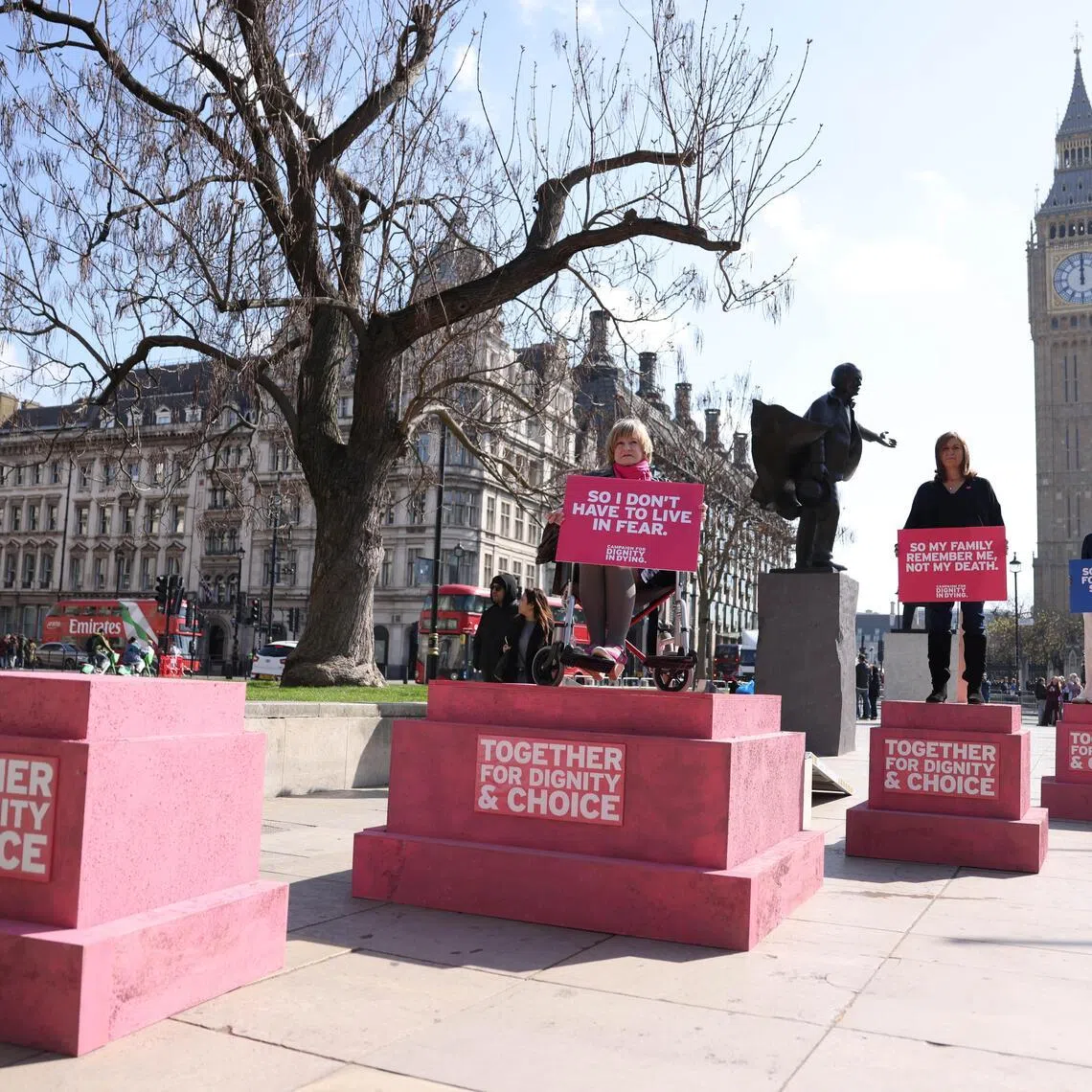 Dignity in Dying demonstrators protest for the assisted dying bill outside Parliament in London, Britain, on April 22, 2026.