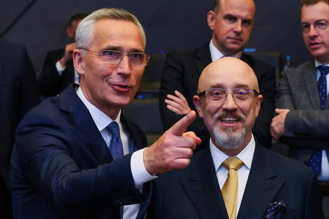 Nato Secretary-General Jens Stoltenberg (left) and Ukraine's Defence Minister Oleksii Reznikov, at the Nato Defence Ministers' meeting in Brussels, Belgium.

