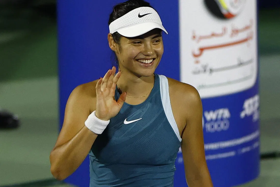 FILE PHOTO: Tennis - Dubai Championships - Dubai Tennis Stadium, Dubai, United Arab Emirates - February 16, 2025 Britain's Emma Raducanu celebrates after winning her round of 64 match against Greece's Maria Sakkari REUTERS/Rula Rouhana/File Photo