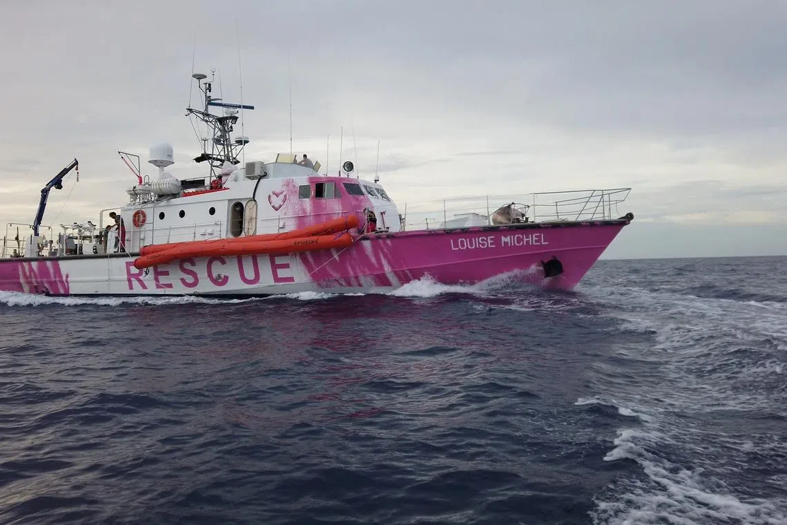 FILE PHOTO: In this undated still image taken from video, the Louise Michel, a migrants search and rescue ship operating in the Mediterranean and financed by British street artist Banksy, is seen at sea. MV Louise Michel/REUTERS TV handout via REUTERS/File Photo
