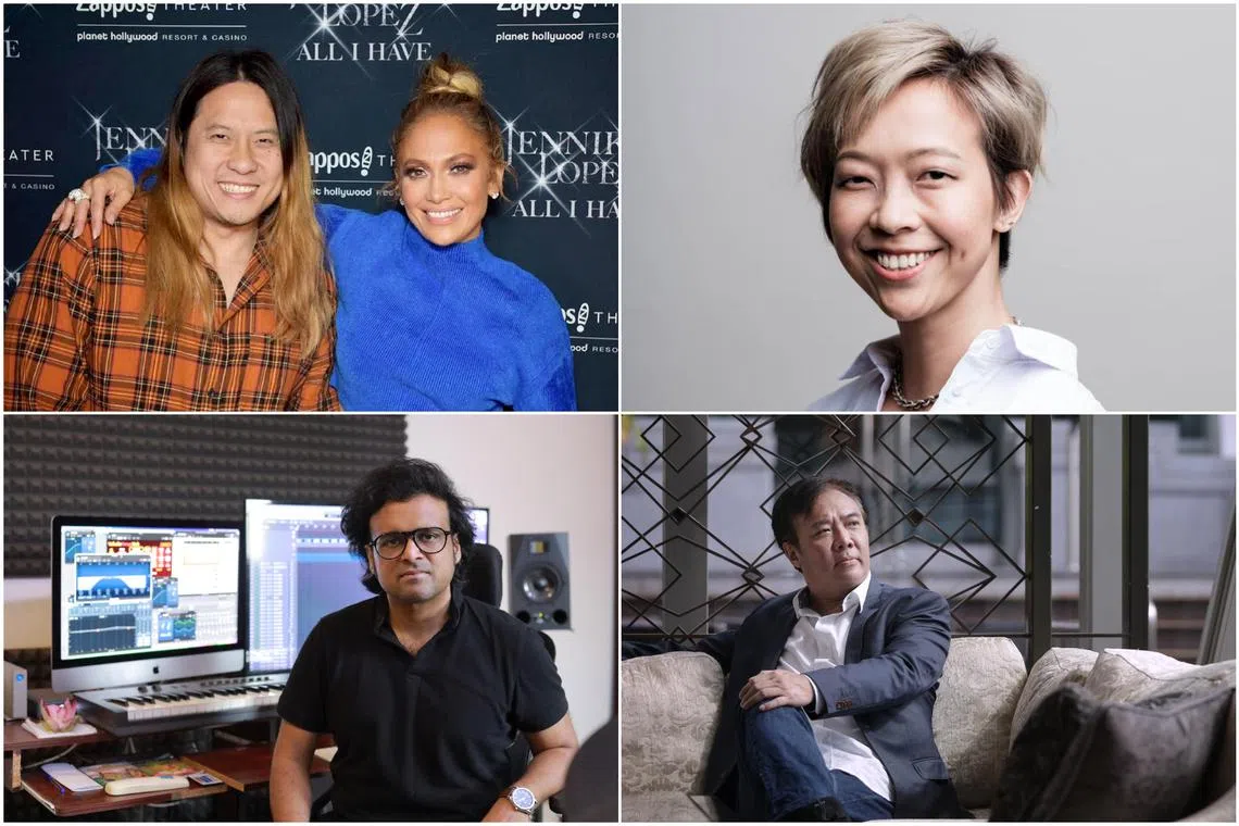 (Clockwise from top left) Lenny Wee (with US singer J. Lo), Ruth Ling, Cher Ng and Kala Charan are global players in the music and entertainment world.