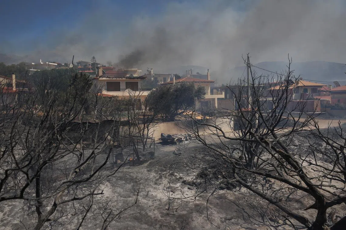A destroyed car is seen on scorched land as a wildfire burns, in the village of Thymari, near Athens, Greece, June 26, 2025. REUTERS/Stelios Misinas