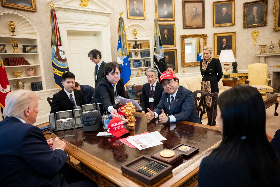 U.S President Donald Trump meets with Japan's Economic Revitalisation Minister Ryosei Akazawa and his delegation on April 16.