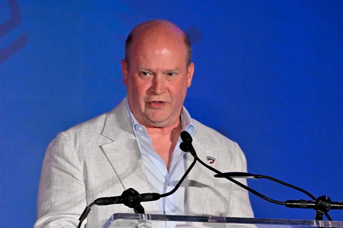 May 1, 2026; Frisco, Texas, USA; FC Dallas President Dan Hunt speaks during the induction ceremony for the U.S. National Soccer Hall of Fame Class of 2026 at National Soccer Hall of Fame at Toyota Stadium. Mandatory Credit: Jerome Miron-Imagn Images/File Photo