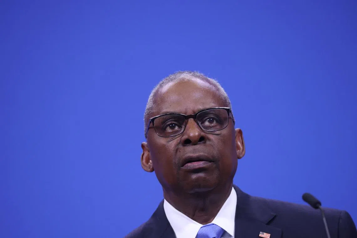 FILE PHOTO: U.S. Defense Secretary Lloyd Austin attends a press conference during a NATO defence ministers' meeting at the Alliance's headquarters in Brussels, Belgium June 14, 2024. REUTERS/Johanna Geron/File Photo
