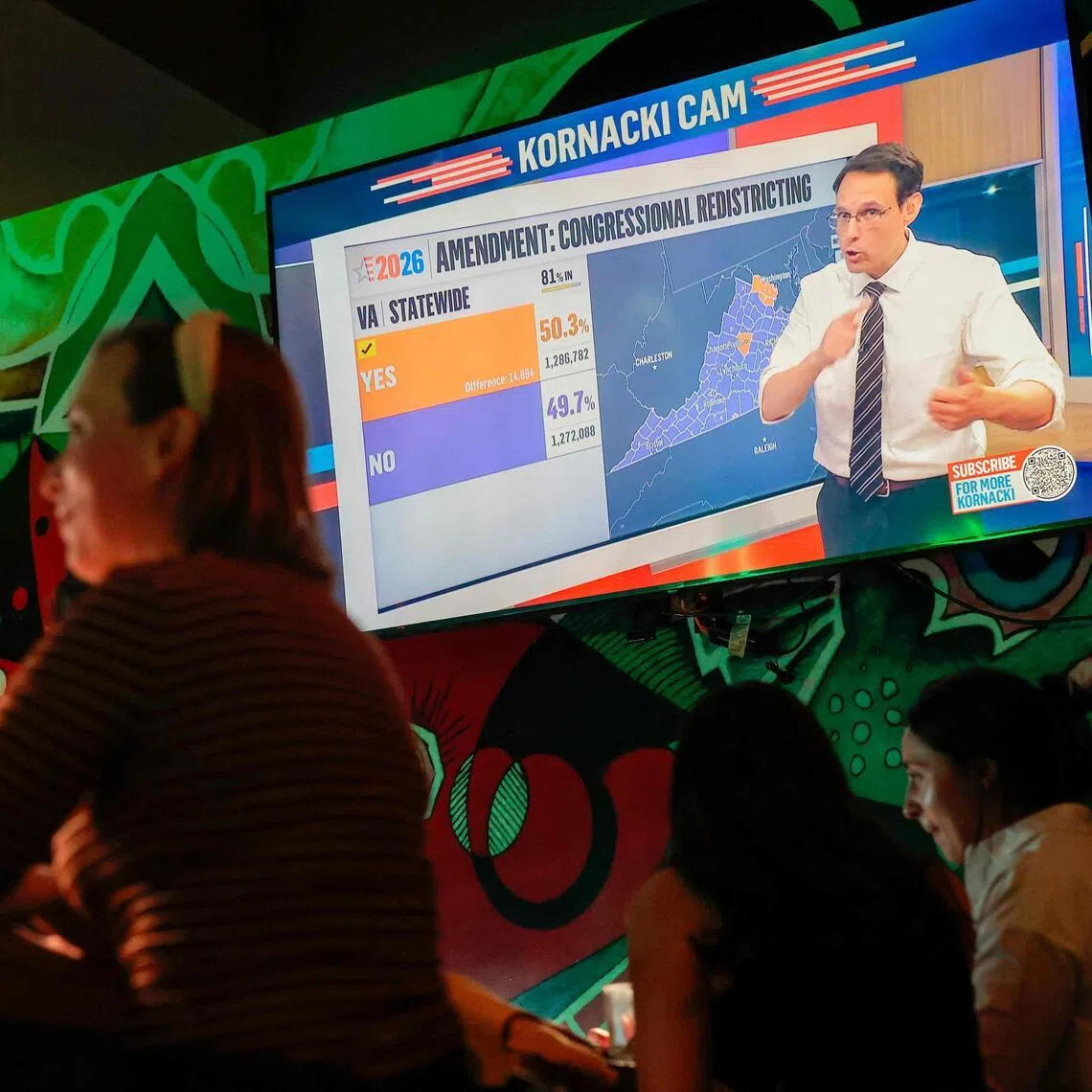 Local residents awaiting the results of Virginia’s referendum on congressional redistricting, on April 21, in Arlington, Virginia.