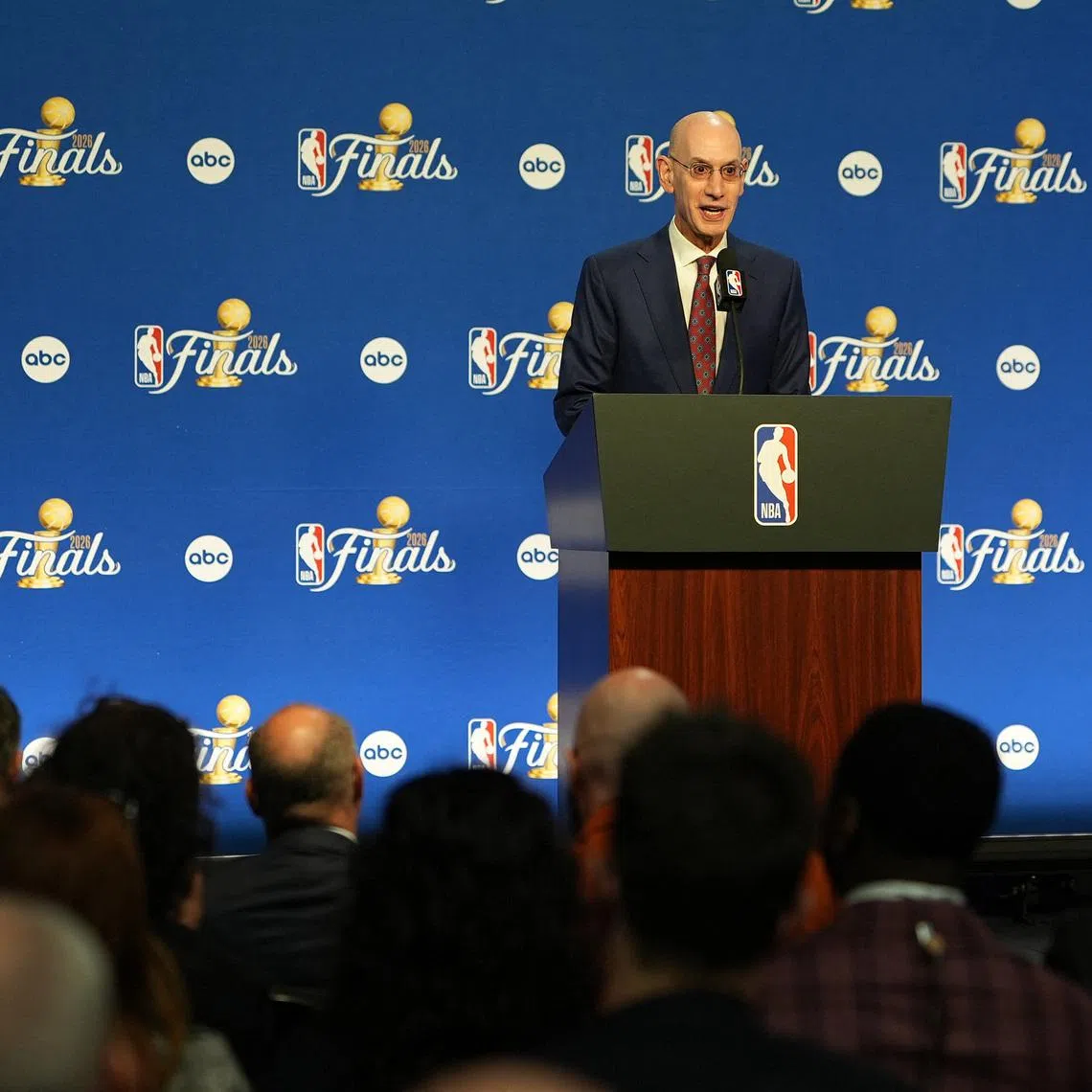 Jun 3, 2026; San Antonio, Texas, USA; NBA Commissioner Adam Silver speaks to the media before game one of the 2026 NBA Finals at Frost Bank Center. Mandatory Credit: Daniel Dunn-Imagn Images