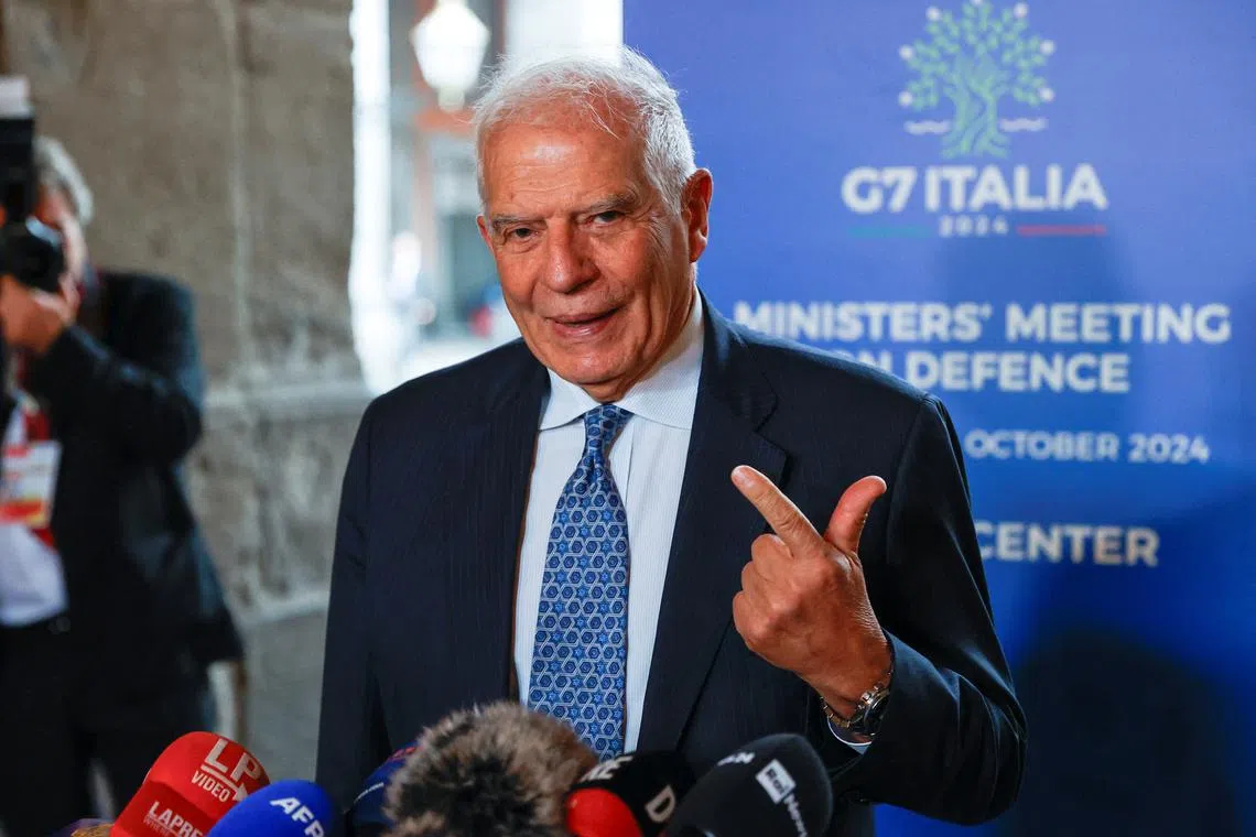 European Union foreign policy chief Josep Borrell speaks on the day of the G7 Defence Ministers meeting in Naples, Italy October 19, 2024. REUTERS/Ciro De Luca