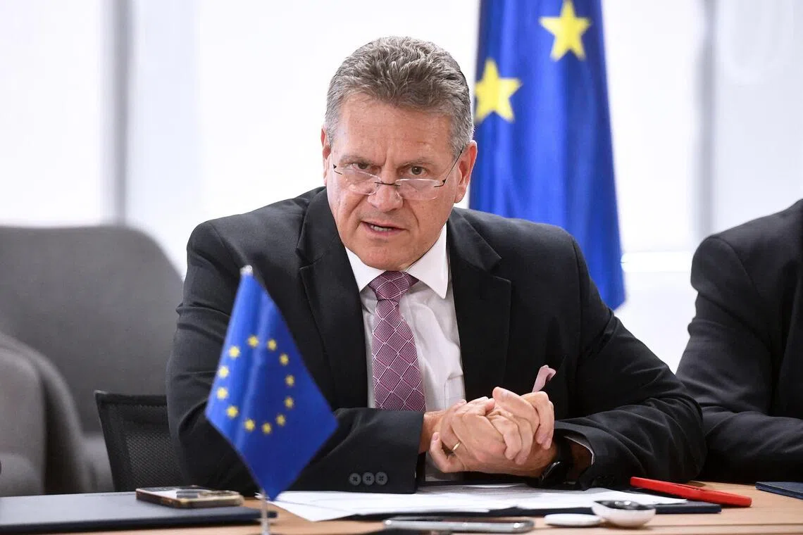 European Commissioner for Trade and Economic Security Maros Sefcovic addressing the media in Kuwait City on Nov 5.