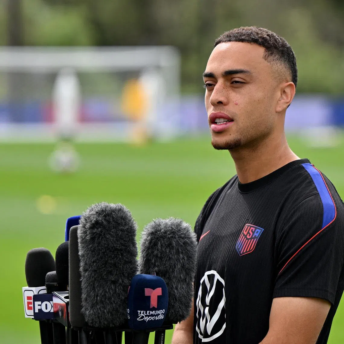 Soccer Football - FIFA World Cup 2026 - United States Training - University of Washington, Seattle, Washington, U.S. - July 4, 2026 Sergino Dest of the U.S. speaks to the media in the mixed zone before training IMAGN IMAGES via Reuters/Steven Bisig