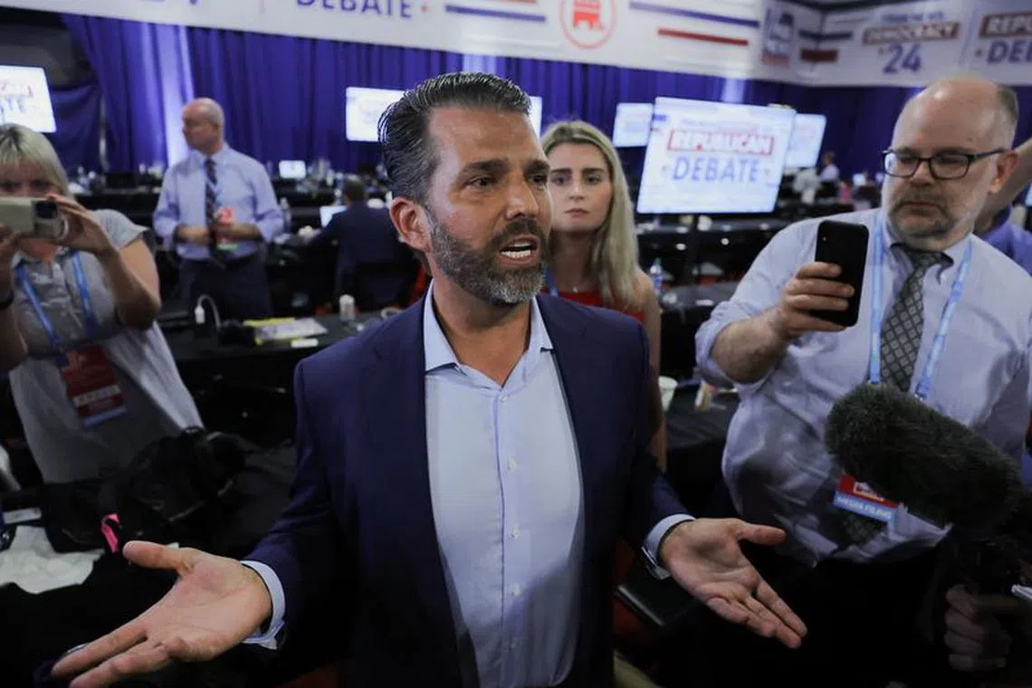 Donald Trump Jr. speaks to the media in the media filing center as a surrogate on behalf of his father, former U.S. President Donald Trump, after the former president skipped the first Republican candidates' debate of the 2024 U.S. presidential campaign in Milwaukee, Wisconsin, U.S. August 23, 2023. REUTERS/Jim Bourg/File Photo