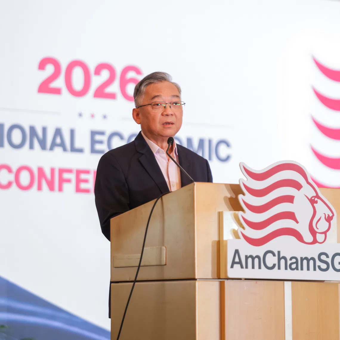 Deputy Prime Minister and Minister for Trade and Industry (Trade) Gan Kim Yong delivering the keynote address at the 2026 AmChamSG Regional Economic Conference on Sept 8.