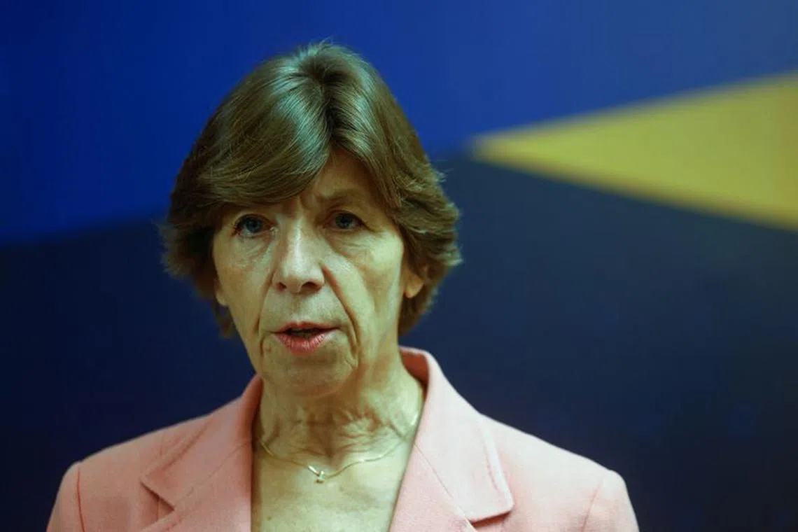 FILE PHOTO: French Minister for Europe and Foreign Affairs Catherine Colonna speaks to the media before EU-Ukraine foreign ministers meeting, amid Russia's attack on Ukraine, in Kyiv, Ukraine October 2, 2023. REUTERS/Valentyn Ogirenko/File Photo