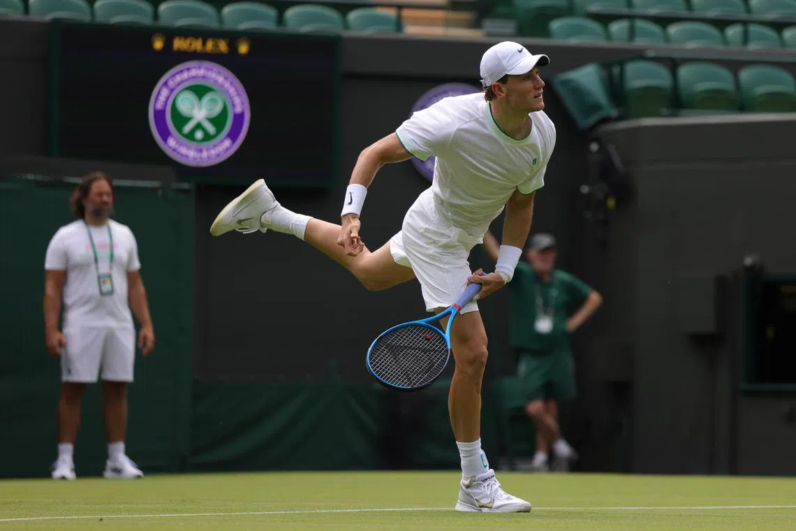 Italy's Jannik Sinner taking part in a practice session on Centre Court ahead of the Wimbledon tennis championships.