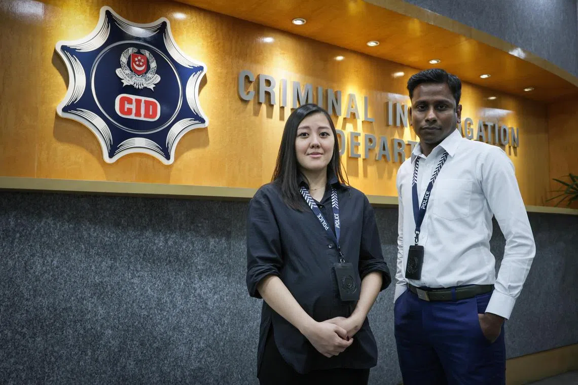 ST20240208_202495067824: Gin Tay/ ajspf08/ Andrew James Wong/

*** Embargoed till 12 Feb 2024, 6pm****

Profile of DSP Mohammad Amin Majid, 35, (in white top) Officer-In-Charge, Serious Sexual Crime Branch, Criminal Investigation Department, and ASP Yap Kai Jia, 32, Deputy Officer-In-Charge, Serious Sexual Crime Branch, Criminal Investigation Department, in a group photo at Police Cantonment Complex (New Bridge road) on Feb 8, 2024.