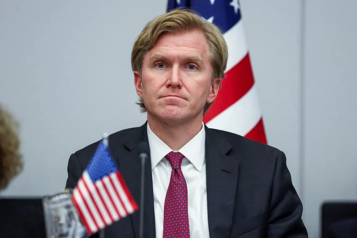FILE PHOTO: U.S. Under Secretary of Defence Elbridge Colby attends a meeting of the Ukraine Defence Contact Group, after a meeting of NATO Defence Ministers at the Alliance headquarters, in Brussels, Belgium February 12, 2026. REUTERS/Tom Nicholson/File Photo