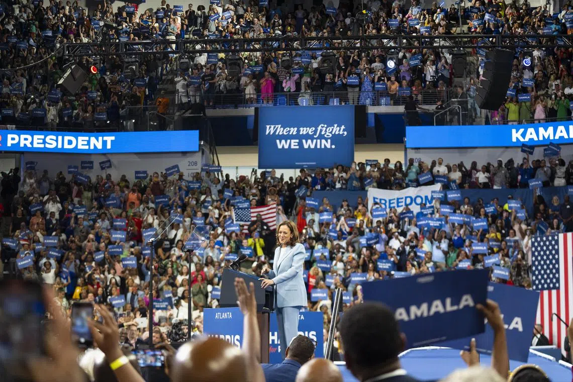 US Vice-President Kamala Harris, the presumptive Democratic nominee for president, during a campaign rally in Atlanta on Tuesday, July 30, 2024. When former President Donald Trump questioned Vice President Harris’s racial identity he neglected a reality: that the country’s demographics have changed in recent decades, as more than 12 percent of Americans now identify as multiracial. (Nicole Craine/The New York Times)