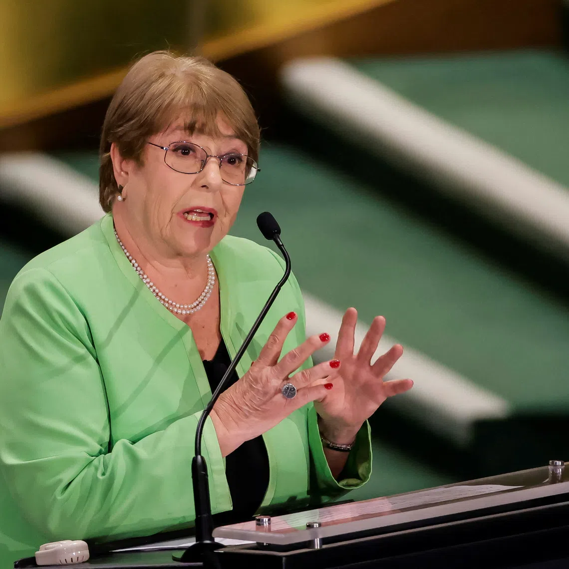 Michelle Bachelet addresses during the \"UN Town Hall: The Next Secretary-General\" event at United Nations headquarters in New York City, U.S., July 23, 2026. REUTERS/Eduardo Munoz