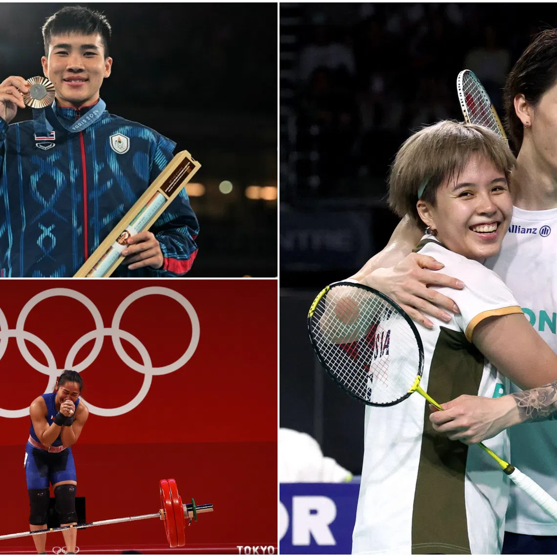 (Clockwise from top left) Thai boxer Janjaem Suwannapheng, Malaysian mixed doubles pair Chen Tang Jie and Toh Ee Wei, and Philippine weightlifter Hidilyn Diaz.